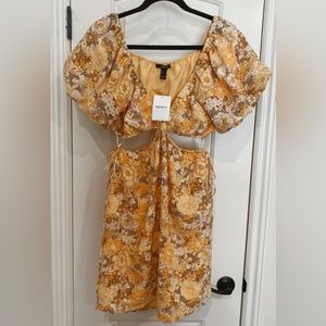 NWT Forever21 Yellow Floral cut out dress with puff sleeves